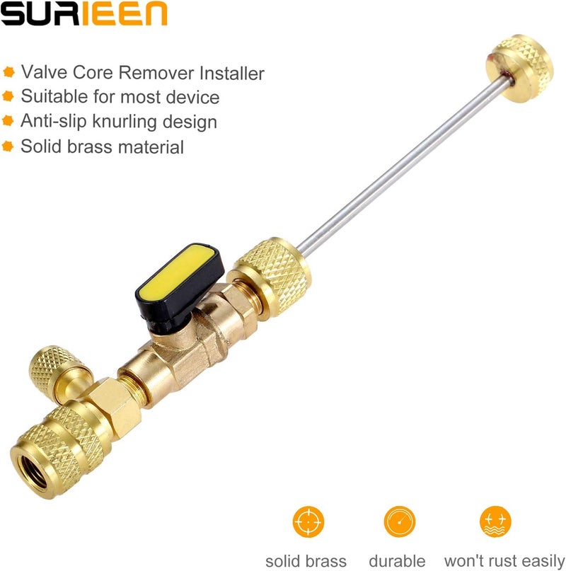 SURIEEN R410A R22 Valve Core Remover Installer Tool with Dual Size SAE 1/4 & 5/16 Port for R404A R407C R134A R12 R32 R600 HVAC System, with 10PCS 5v1 Valve Cores and Double Head Valve Core Remover - Image 5