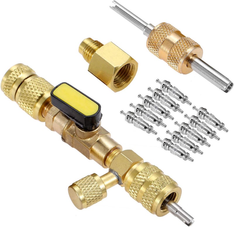 SURIEEN R410A R22 Valve Core Remover Installer Tool with Dual Size SAE 1/4 & 5/16 Port for R404A R407C R134A R12 R32 R600 HVAC System, with 10PCS 5v1 Valve Cores and Double Head Valve Core Remover - Image 1