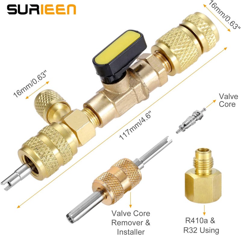 SURIEEN R410A R22 Valve Core Remover Installer Tool with Dual Size SAE 1/4 & 5/16 Port for R404A R407C R134A R12 R32 R600 HVAC System, with 10PCS 5v1 Valve Cores and Double Head Valve Core Remover - Image 3
