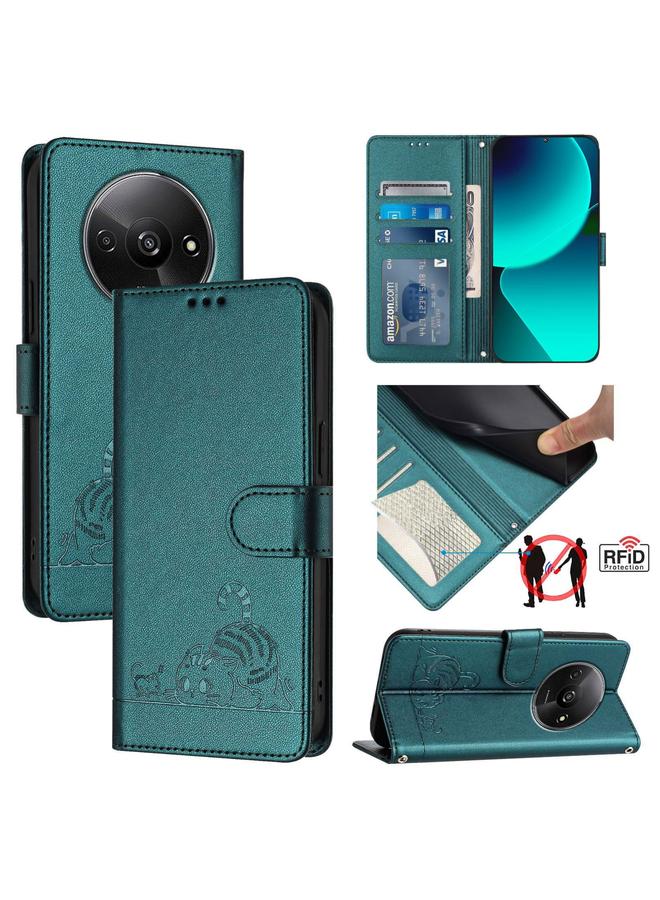إيروريكس جراب هاتف من الجلد بنمط القطة العالمية المنقوش بتقنية RFID لهاتف Xiaomi POCO C61 4G مع حزام (أخضر طاووس)