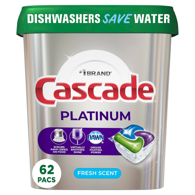 Cascade Platinum Dishwasher Pods, Dishwasher Detergent, Actionpacs, Fresh, 62 Count - Image 1