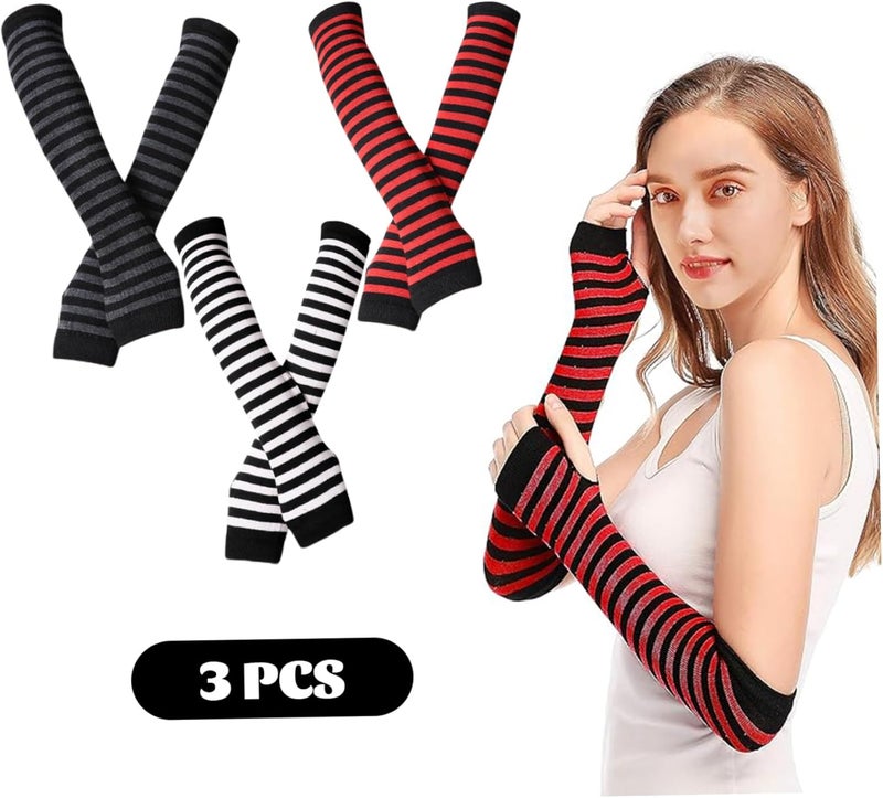 Fingerless Arm Warmers: 3 Pairs Windproof Stretchy Elastic Fabric With Thumb Hole - Striped Layered Design Arm Sleeves for Autumn Winter Outdoor Commutes Daily Tasks Women Girls - Image 3
