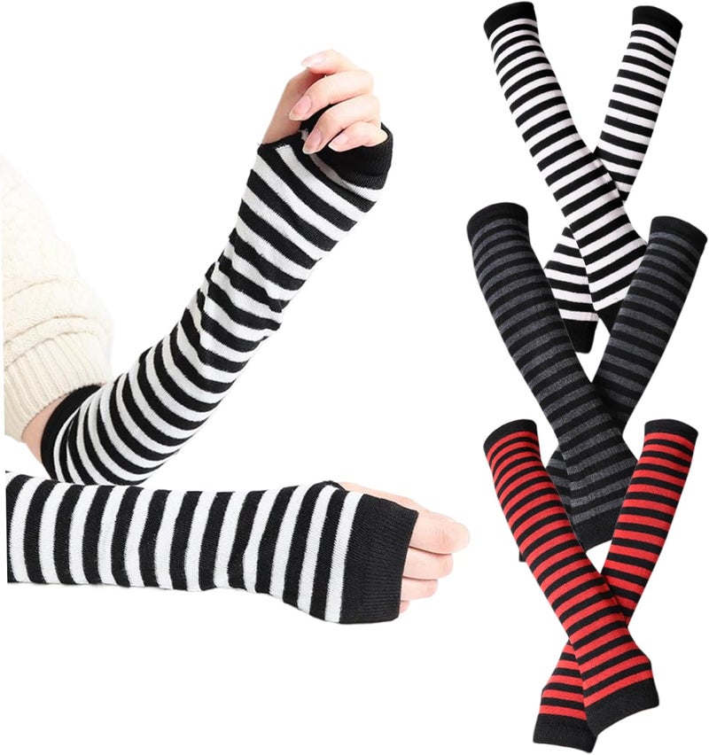 Fingerless Arm Warmers: 3 Pairs Windproof Stretchy Elastic Fabric With Thumb Hole - Striped Layered Design Arm Sleeves for Autumn Winter Outdoor Commutes Daily Tasks Women Girls - Image 1