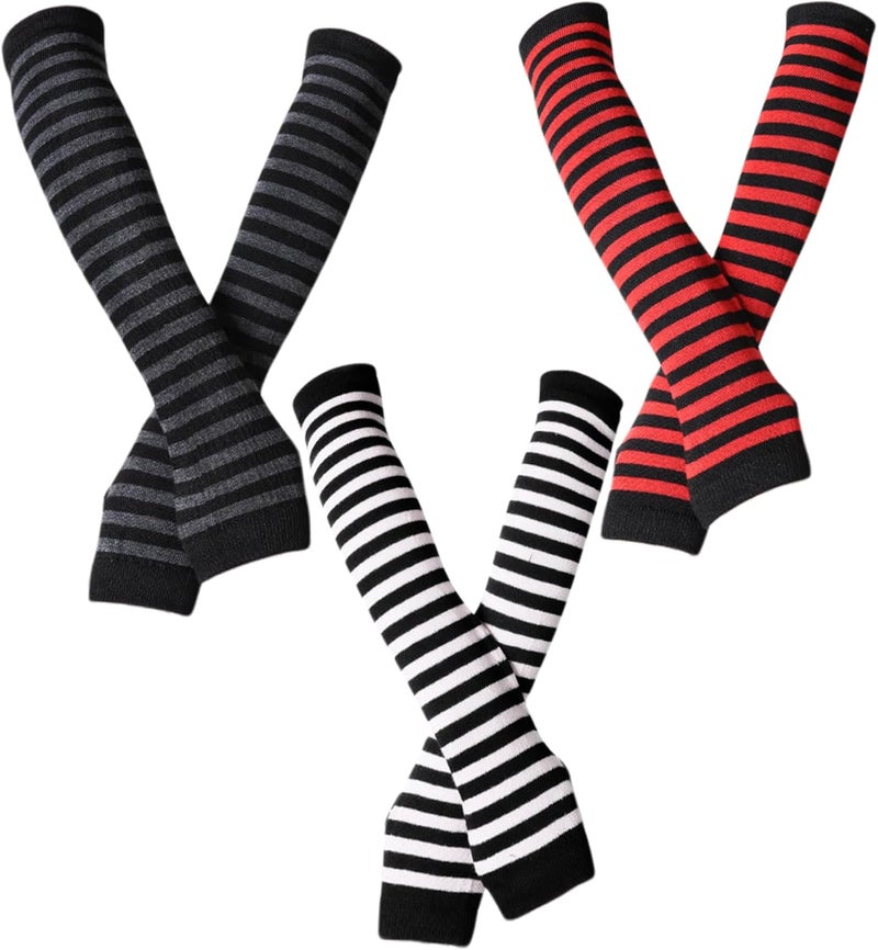 Fingerless Arm Warmers: 3 Pairs Windproof Stretchy Elastic Fabric With Thumb Hole - Striped Layered Design Arm Sleeves for Autumn Winter Outdoor Commutes Daily Tasks Women Girls - Image 4