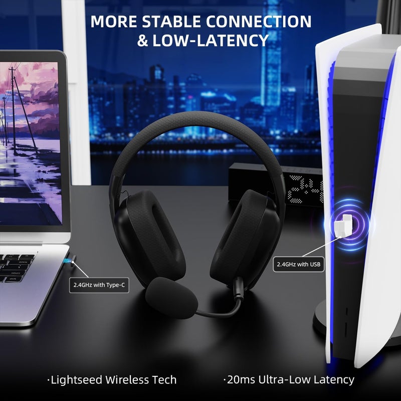 KASTWAVE Wireless Gaming Headset, Adjustable Dual Mics, Lightweight Headset with 20ms Low Latency, 40mm Drivers,3 Modes (2.4G/Bluetooth/Wired) for PC/Phone, Black - Image 3