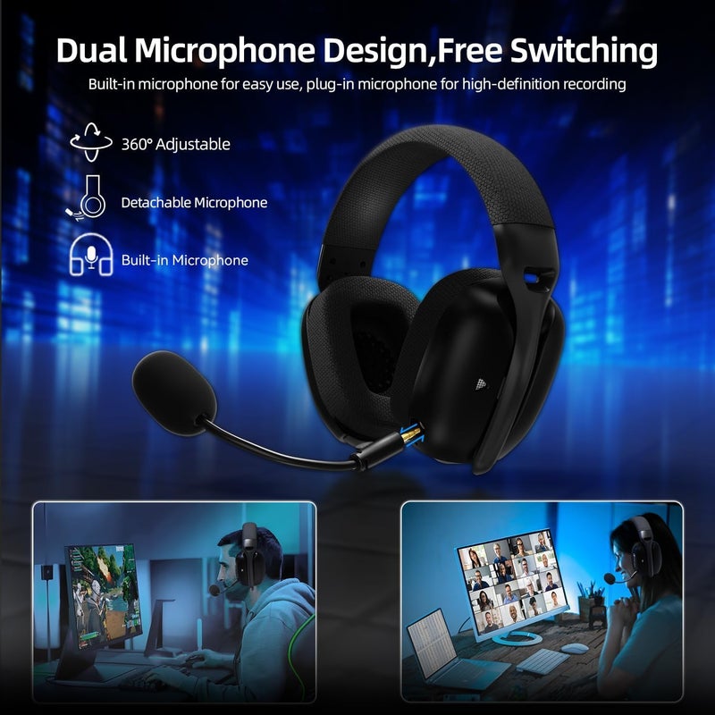 KASTWAVE Wireless Gaming Headset, Adjustable Dual Mics, Lightweight Headset with 20ms Low Latency, 40mm Drivers,3 Modes (2.4G/Bluetooth/Wired) for PC/Phone, Black - Image 4