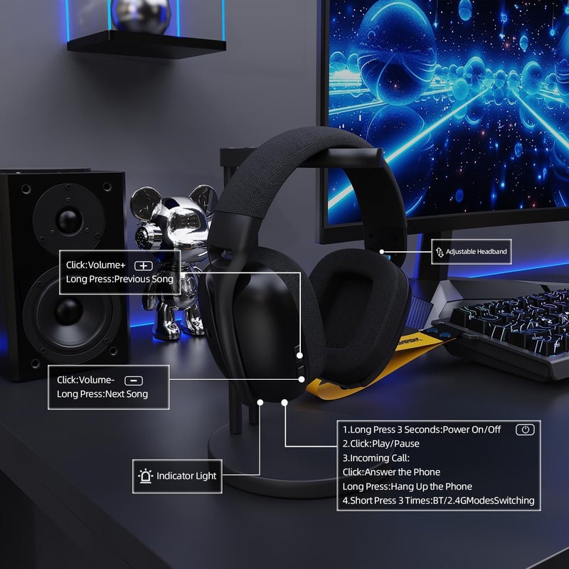 KASTWAVE Wireless Gaming Headset, Adjustable Dual Mics, Lightweight Headset with 20ms Low Latency, 40mm Drivers,3 Modes (2.4G/Bluetooth/Wired) for PC/Phone, Black - Image 5
