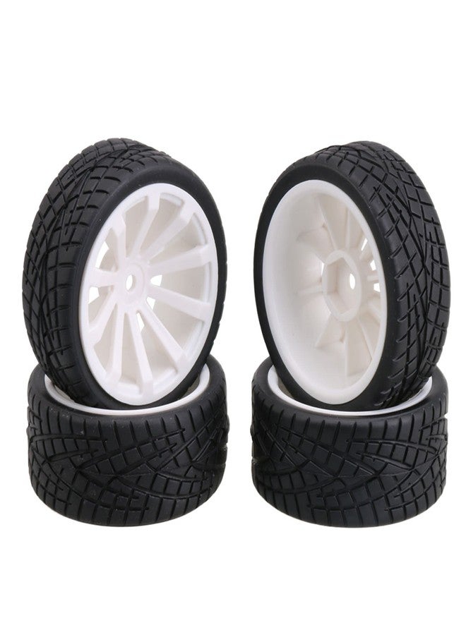 Mxfans 12mm Hex White Plastic 10-Spoke Wheel Rims & Black Fish Pattern Rubber Tires for RC 1:10 On Road Racing Car Pack of 4 - Image 1