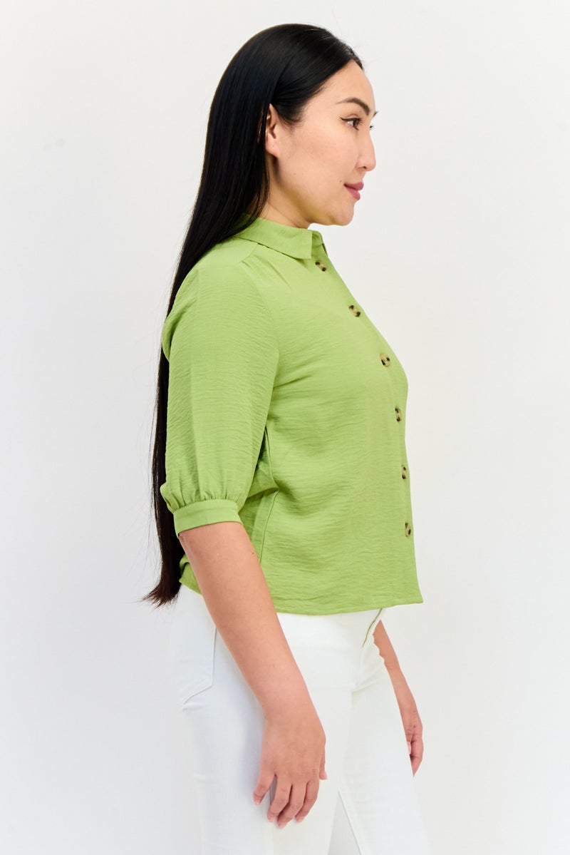 ONLY Women Spread Collar Short Sleeve Solid Blouse, Sage Green  - Image 2