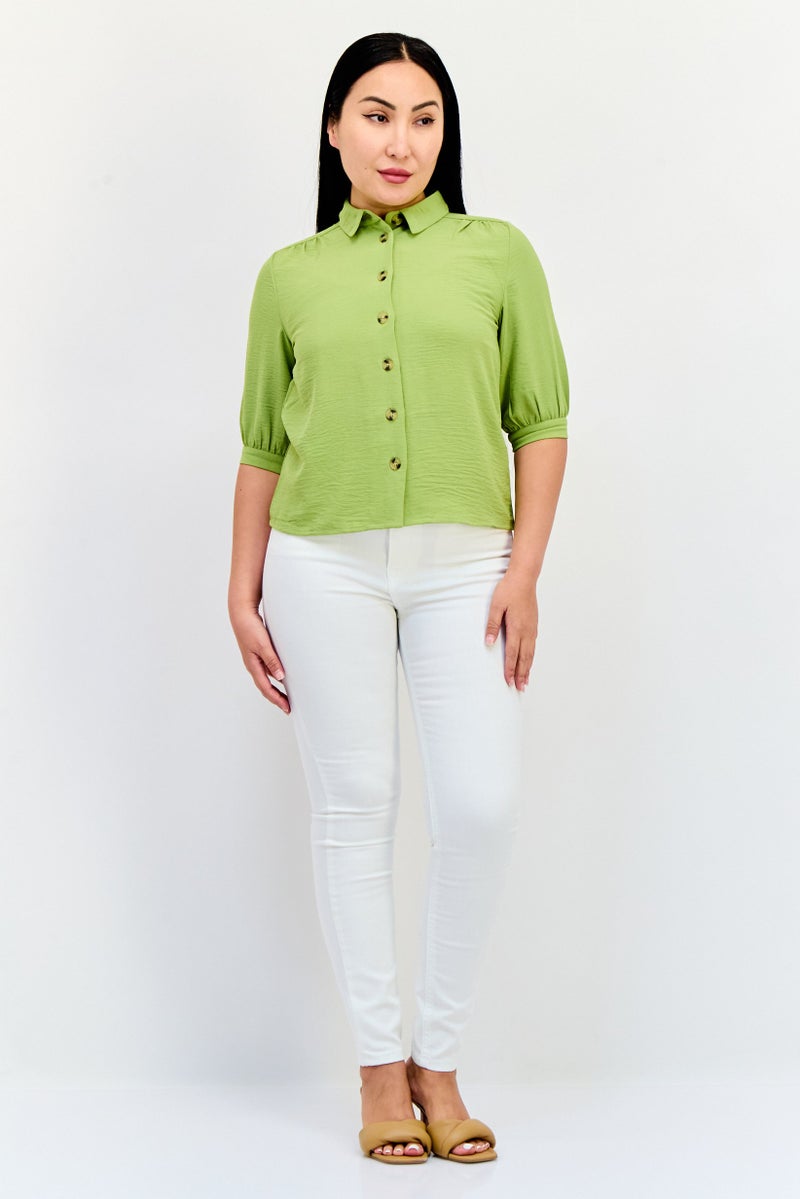 ONLY Women Spread Collar Short Sleeve Solid Blouse, Sage Green  - Image 4