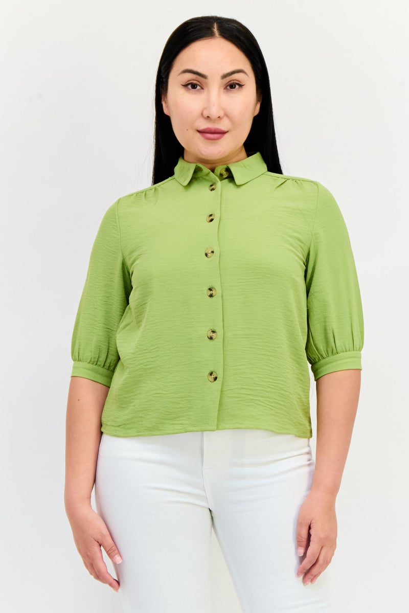 ONLY Women Spread Collar Short Sleeve Solid Blouse, Sage Green  - Image 1