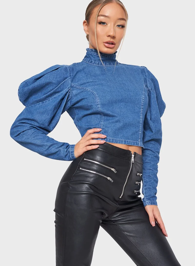 Missguided High Neck Puff Sleeves Denim Top