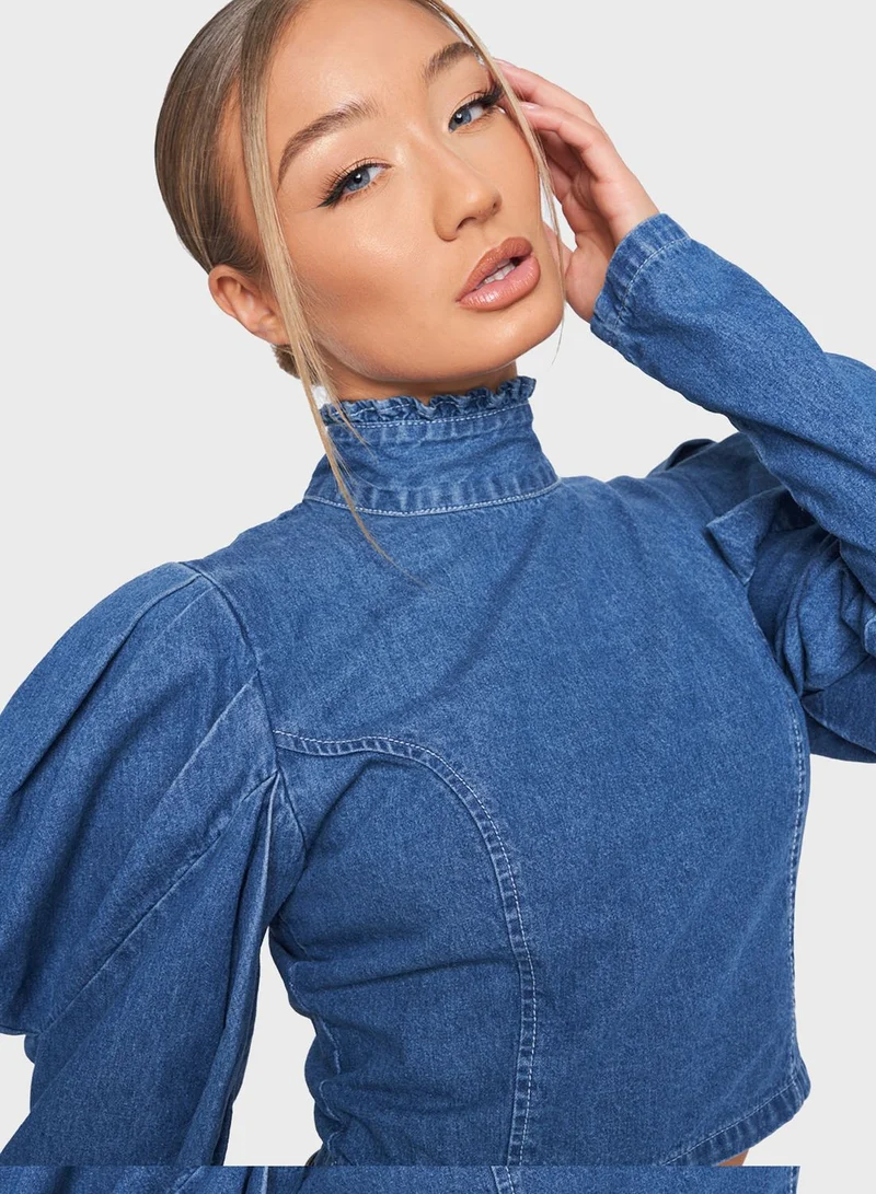 Missguided High Neck Puff Sleeves Denim Top