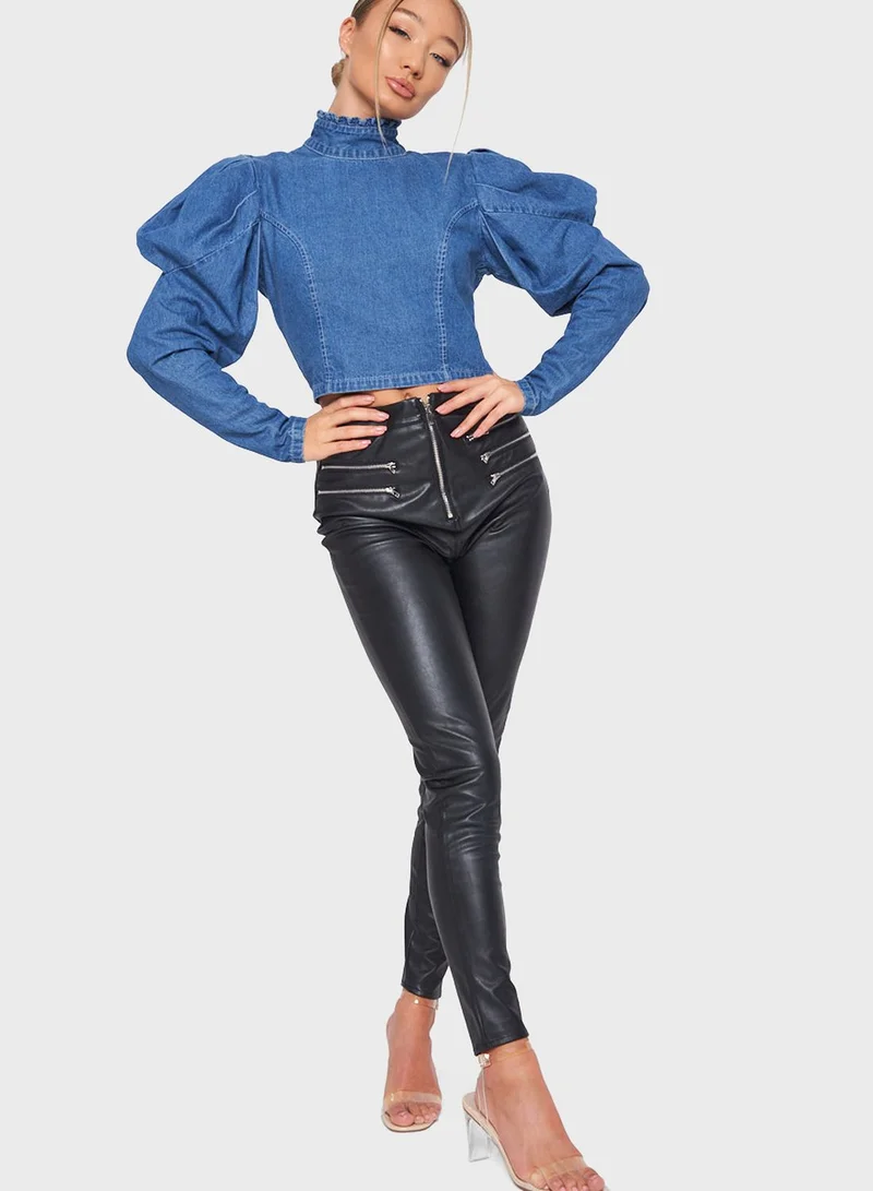 Missguided High Neck Puff Sleeves Denim Top