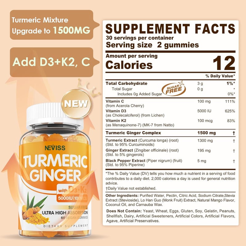 NEVISS Sugar Free Turmeric Ginger Gummies with 5000 IU Vitamin D3  K2 MK7 C  Vegan Turmeric Supplement Gummies for Adults 1500mg with Black Pepper Supports Bone Immune  Digestive Health  120 Cts - Image 2