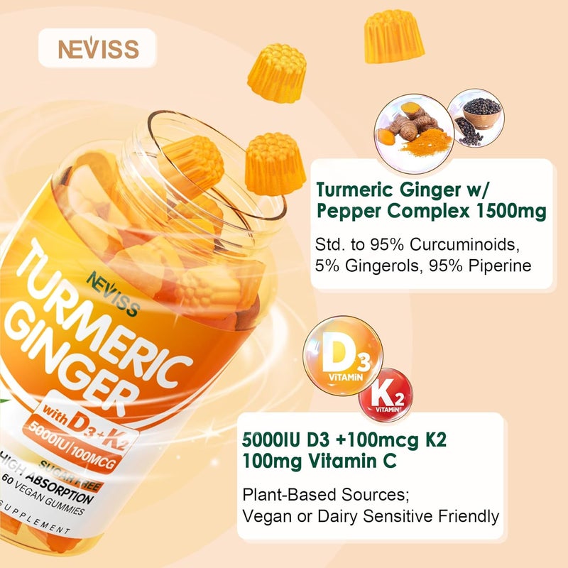 NEVISS Sugar Free Turmeric Ginger Gummies with 5000 IU Vitamin D3  K2 MK7 C  Vegan Turmeric Supplement Gummies for Adults 1500mg with Black Pepper Supports Bone Immune  Digestive Health  120 Cts - Image 3