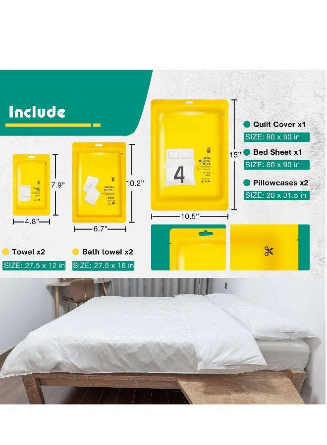 طقم بياضات سفر disposable مكون من 4 قطع، شراشف disposable، شراشف للسفر التجاري، فندق، رحلة، تخييم خارجي، 1 غطاء لحاف، 1 شريحة سرير و 2 غطاء وسادة، 2 منشفة، 2 منشفة استحمام - Image 5