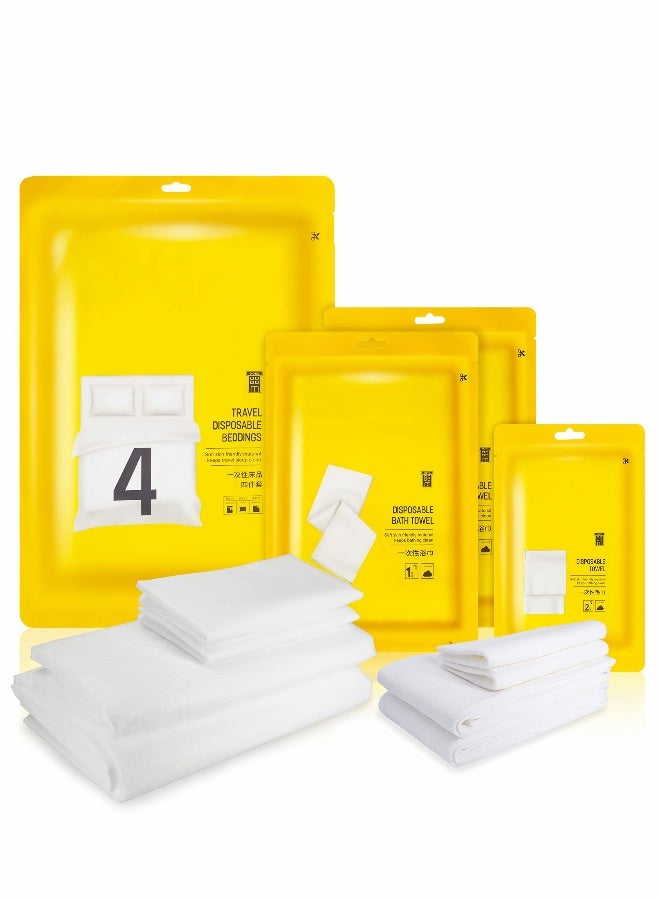 طقم بياضات سفر disposable مكون من 4 قطع، شراشف disposable، شراشف للسفر التجاري، فندق، رحلة، تخييم خارجي، 1 غطاء لحاف، 1 شريحة سرير و 2 غطاء وسادة، 2 منشفة، 2 منشفة استحمام - Image 1