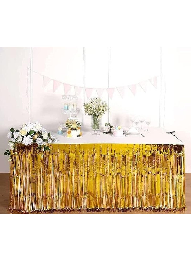 MARKQ Foil Fringe Table Skirt | 4.73 x 0.76 Meter Metallic Disposable Tablecloth Streamers Party Backdrop | Gold Foil Curtain for Bridal Shower, Graduation, Wedding, Birthday Party Decorations (Gold) - Image 1