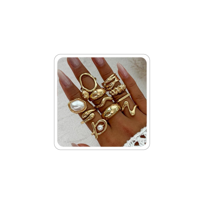 CSIYANJRY99 Gold Silver Rings Set for Women Trendy Irregular Chunky Gold Ring Baroque Pearl Rings Stackable Statement Knuckle Ring Jewelry (B-Gold) - Image 1