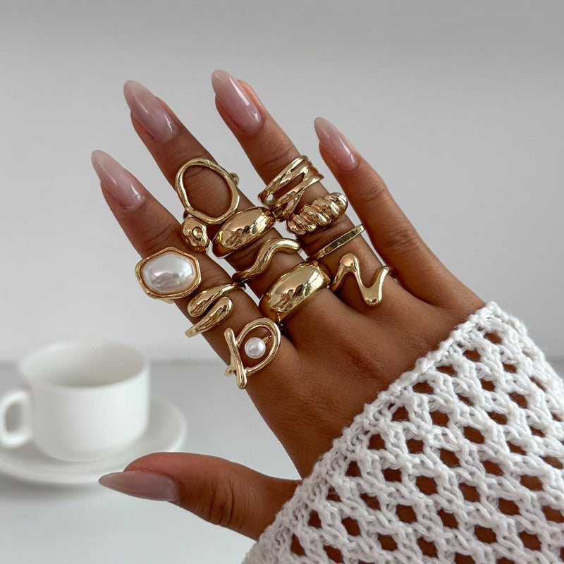 CSIYANJRY99 Gold Silver Rings Set for Women Trendy Irregular Chunky Gold Ring Baroque Pearl Rings Stackable Statement Knuckle Ring Jewelry (B-Gold) - Image 4