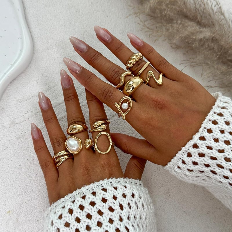 CSIYANJRY99 Gold Silver Rings Set for Women Trendy Irregular Chunky Gold Ring Baroque Pearl Rings Stackable Statement Knuckle Ring Jewelry (B-Gold) - Image 3