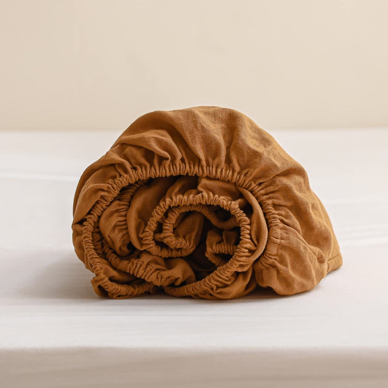 King Linens 100% Linen Fitted Sheet Stone Washed Solid Color - (1 Piece) 14 inch Deep Pocket Mattress Cover Soft Natural Breathable Farmhouse - Rust  King Size - Image 1