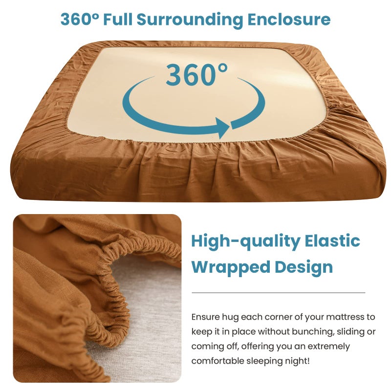 King Linens 100% Linen Fitted Sheet Stone Washed Solid Color - (1 Piece) 14 inch Deep Pocket Mattress Cover Soft Natural Breathable Farmhouse - Rust  King Size - Image 3