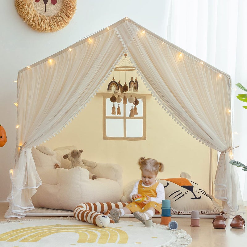 Kids Play Tent with Padded Mat Kids Tents Large Princess Castle Pompoms Play House Indoor Playhouse Tent for Girl Bed Tents