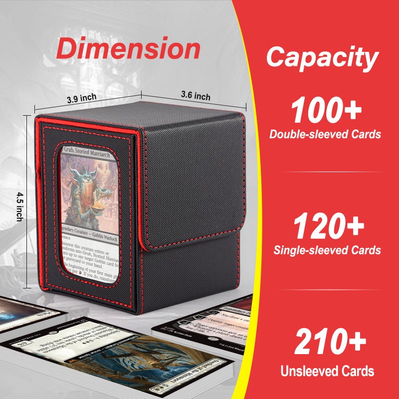 Stepane MTG Deck Box, Double Display Window, Commander Deck Box Fits 120+ Single Sleeved Cards, PU Leather Magnetic Closure Card Box with 2 Dividers&2 Toploaders for TCG, CCG, Black/Red - Image 4