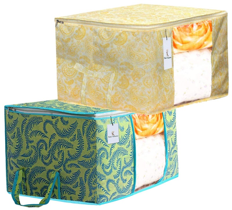 Kuber Industries Metallic Printed Non Woven Fabric Underbed Storage Bag Cloth Organiser Blanket Cover with Transparent Window Green and Gold CTKTC41067 Standard 2 Piece - Image 1