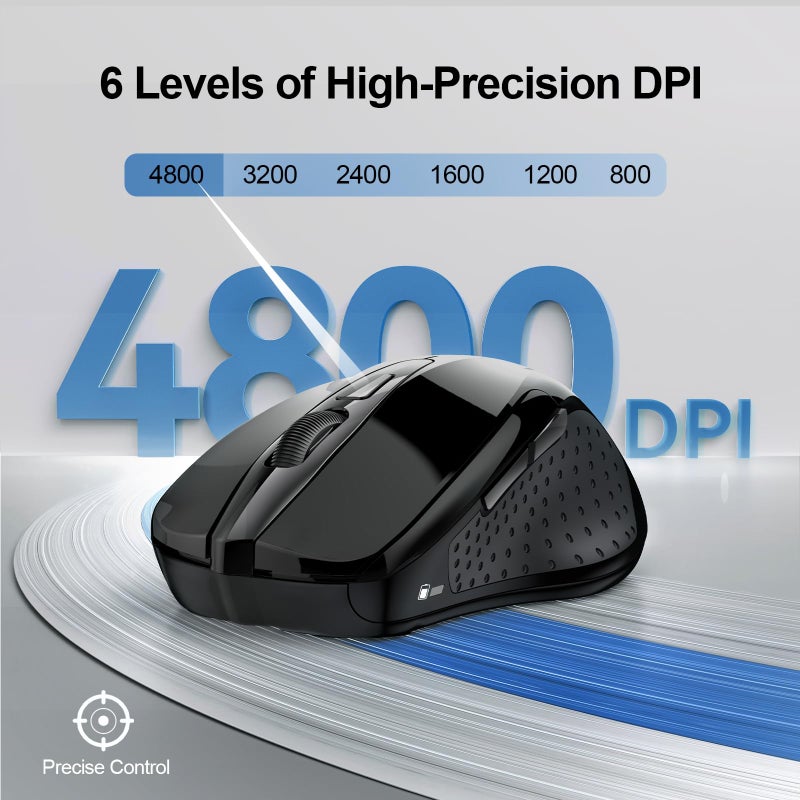 TECKNET فأرة تيكنت اللاسلكية (2.4G و BT5.0/3.0) صامتة بدقة 4800 نقطة في البوصة، فأرة USB A وبلوتوث للكمبيوتر مع 6 أزرار، توافق واسع - أسود - Image 4
