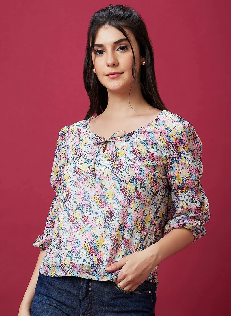 globus Globus Women Blue Abstract Printed Tie-Up Puff Sleeve Top