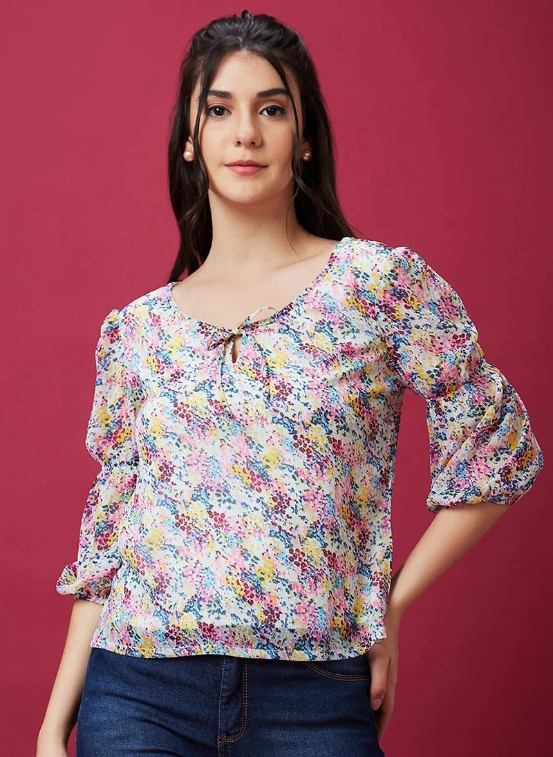 Globus Globus Women Blue Abstract Printed Tie-Up Puff Sleeve Top