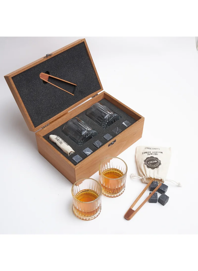 Hediye Sepeti Gift Basket Husband Set of 2 Glasgow Whiskey Glasses with Word Meaning Wooden Box + 6 Cooler Stones