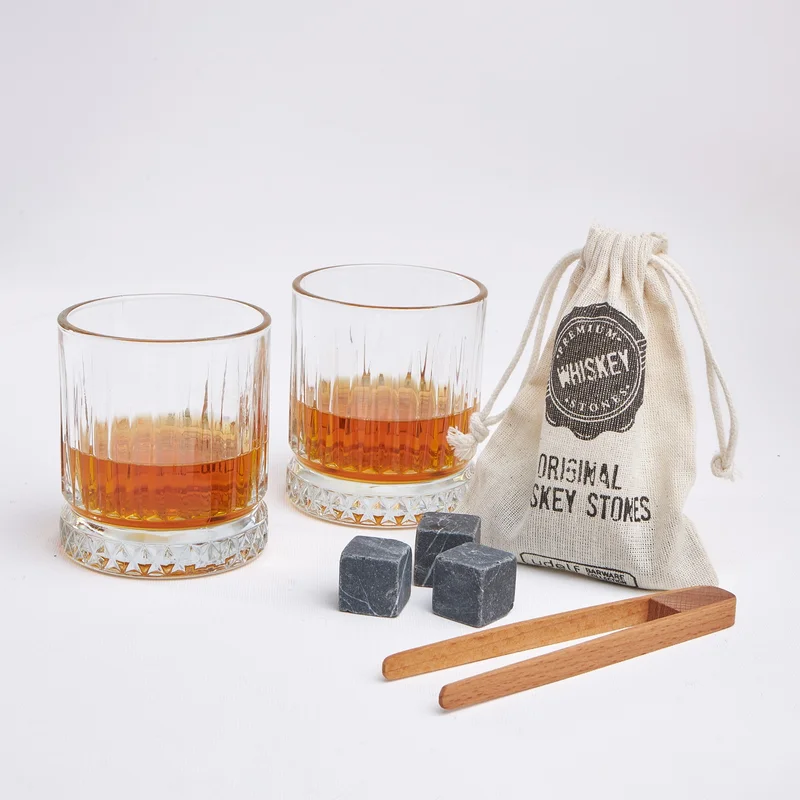 هدية سيبتي Gift Basket Husband Set of 2 Glasgow Whiskey Glasses with Word Meaning Wooden Box + 6 Cooler Stones