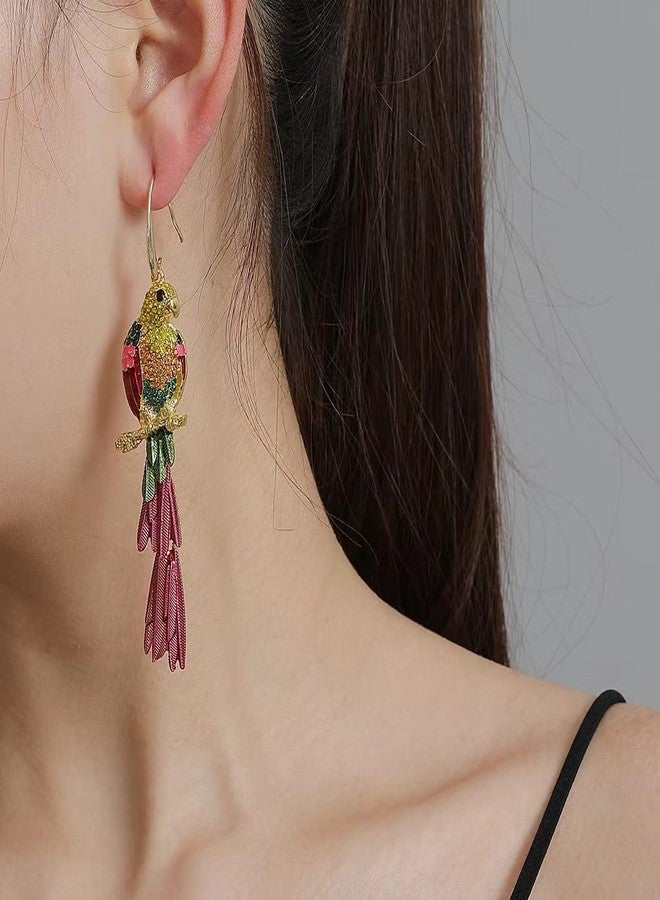 Dtja Rhinestone Parrot Bird Dangle Earrings for Women Girls Colorful Crystal Pink Feather Statement Drop Fish Hook Dangling Stud Lightweight Boho Carnival Holiday Prom Party Jewelry Gifts Souvenirs - Image 2