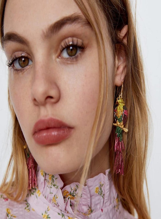 Dtja Rhinestone Parrot Bird Dangle Earrings for Women Girls Colorful Crystal Pink Feather Statement Drop Fish Hook Dangling Stud Lightweight Boho Carnival Holiday Prom Party Jewelry Gifts Souvenirs - Image 3