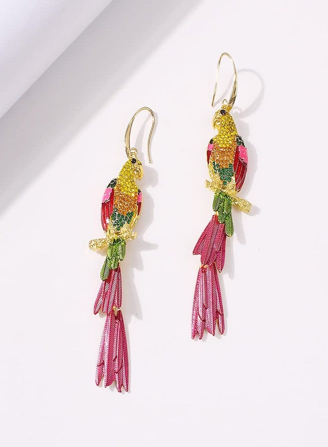 Dtja Rhinestone Parrot Bird Dangle Earrings for Women Girls Colorful Crystal Pink Feather Statement Drop Fish Hook Dangling Stud Lightweight Boho Carnival Holiday Prom Party Jewelry Gifts Souvenirs - Image 5