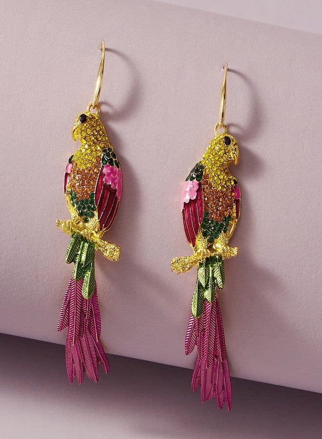Dtja Rhinestone Parrot Bird Dangle Earrings for Women Girls Colorful Crystal Pink Feather Statement Drop Fish Hook Dangling Stud Lightweight Boho Carnival Holiday Prom Party Jewelry Gifts Souvenirs - Image 4