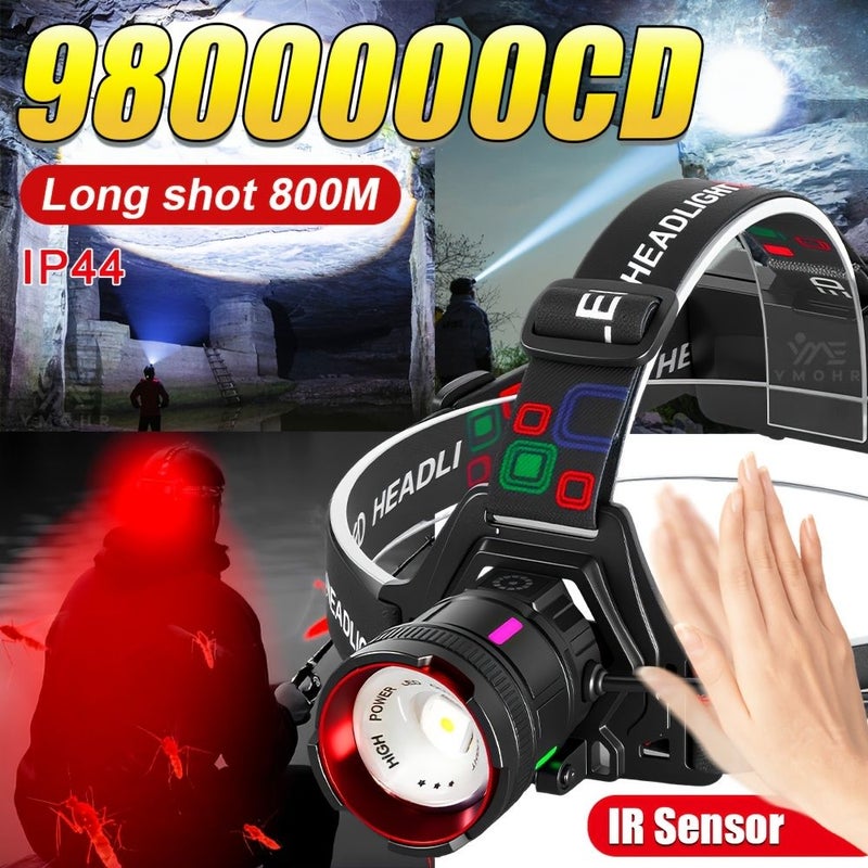 مصباح أمامي LED قابل لإعادة الشحن باللون الأسود مع مستشعر حركة وضوء تحذير خلفي أحمر - 3 أوضاع - قابل للتكبير - قابل لتعديل زاوية الرأس بمقدار 180 درجة - مثالي للتخييم والصيد والمشي لمسافات طويلة - مدة تشغيل تصل إلى 24 ساعة - Image 1