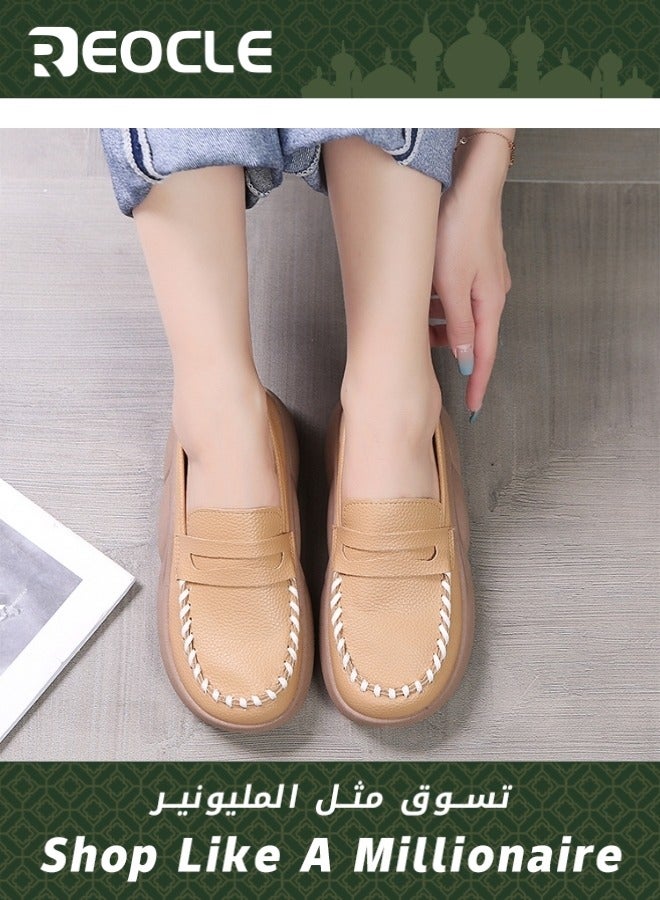 REOCLE Women's Chunky Loafers Platform Comfortable Slip-On Dressy Business Casual Shoes Leather Comfort Casual Platform Shoes - Image 1