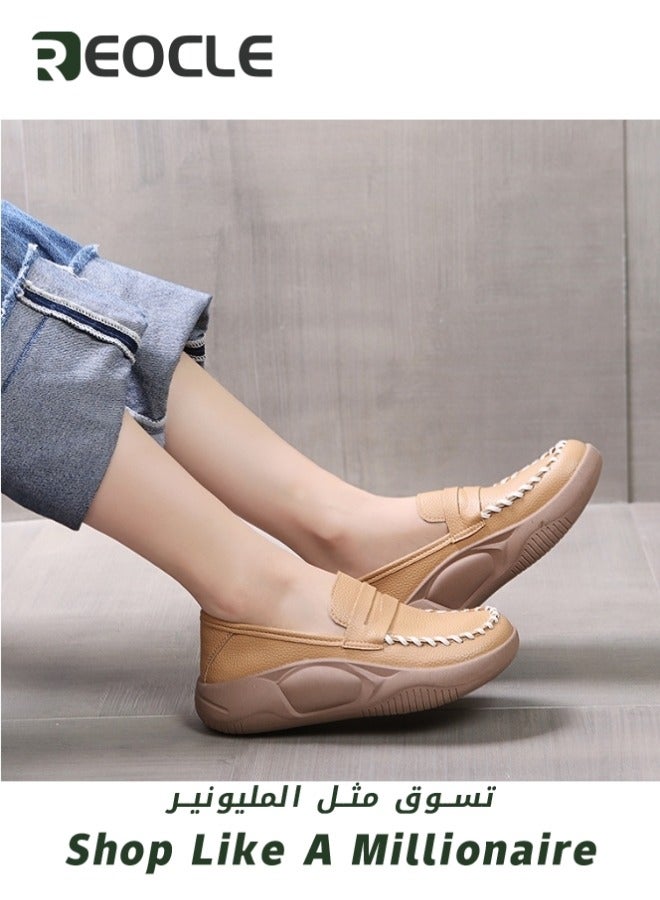 REOCLE Women's Chunky Loafers Platform Comfortable Slip-On Dressy Business Casual Shoes Leather Comfort Casual Platform Shoes - Image 3