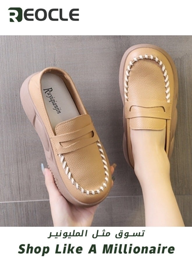 REOCLE Women's Chunky Loafers Platform Comfortable Slip-On Dressy Business Casual Shoes Leather Comfort Casual Platform Shoes - Image 4