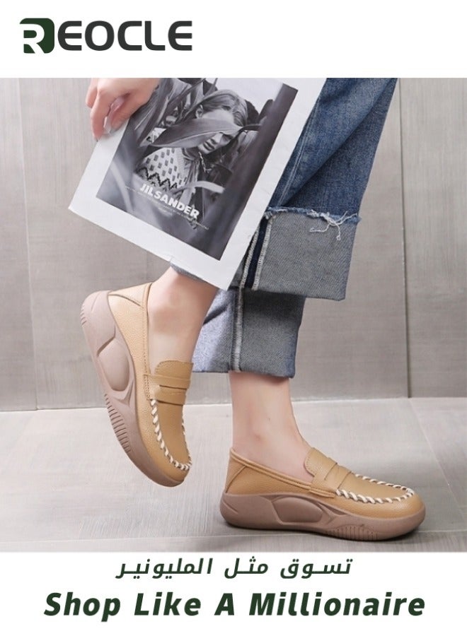 REOCLE Women's Chunky Loafers Platform Comfortable Slip-On Dressy Business Casual Shoes Leather Comfort Casual Platform Shoes - Image 2