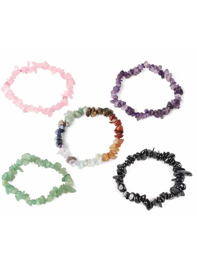 USRommaner 5 Pcs Natural Gemstone Chakra Crystal Healing Chip Stretch Bracelets,Gemstone Polished Irregular Crystals Stone Reiki Yoga Chipped Gravel Bead Jewelry Accessories - Image 1