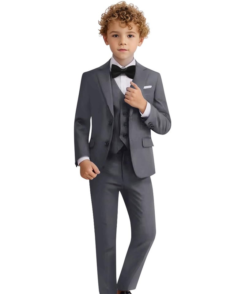 بدلة للأولاد kids slim fit tuxedo مجموعة بدلات رسمية 5 قطع للشباب باللون الرمادي مقاس 5