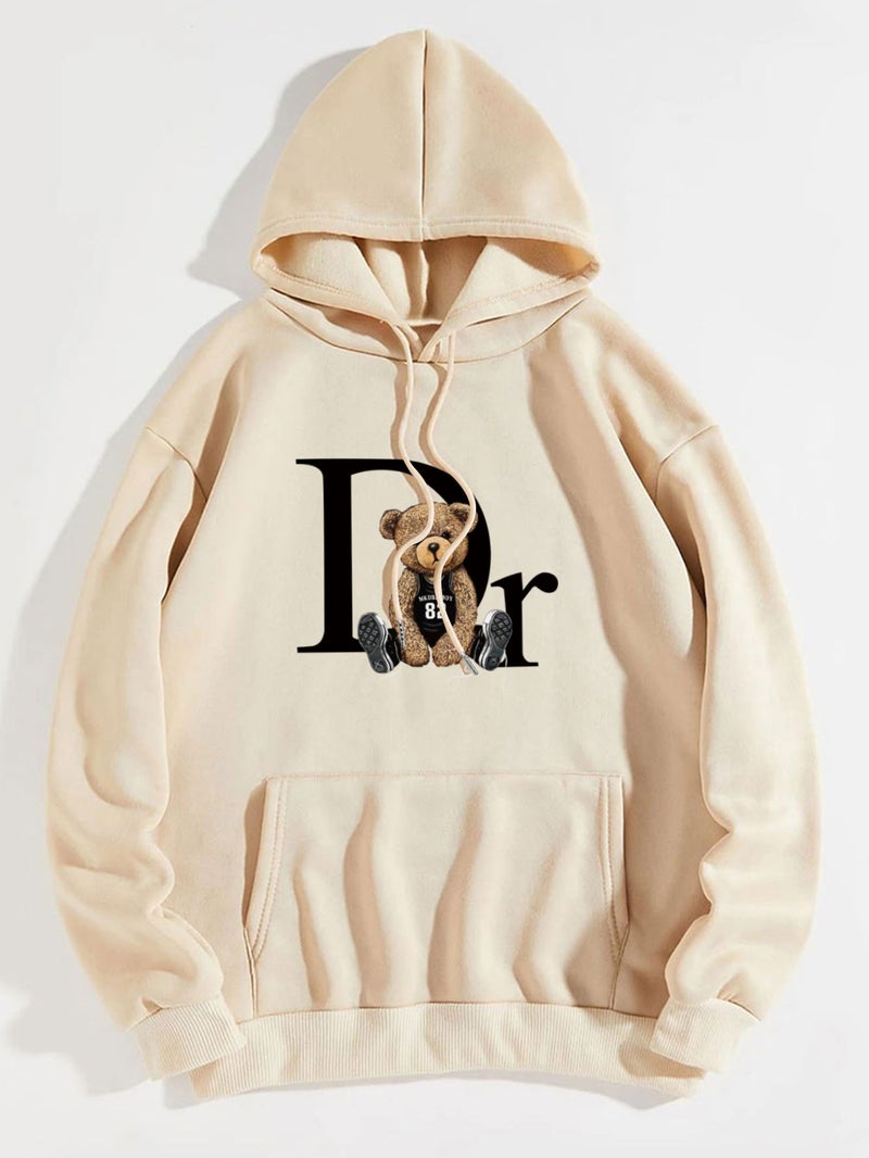 Foreign Trade Womens Velvet Sweatshirt Plain Dr Teddy Bear Print Kangaroo Flap Pocket Pants Drawstring Printed Hoodie Apricot