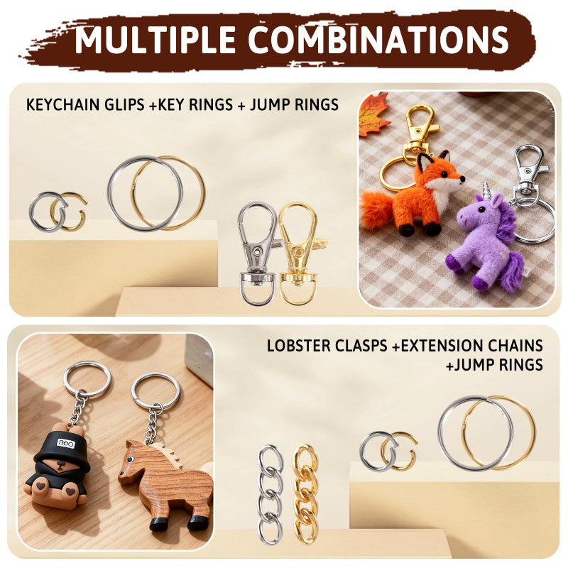 KIAFUM 1000-Piece Keychain Making Kit - Gold and Silver Lobster Claw Clasps, Key Rings, Jump Rings, Charms & Chains for DIY Craft Supplies, Jewelry Making, Bag Charms, and Lip Gloss Lanyards - Image 5
