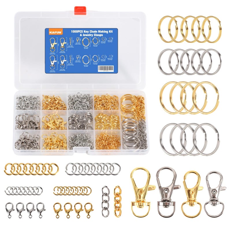 KIAFUM 1000-Piece Keychain Making Kit - Gold and Silver Lobster Claw Clasps, Key Rings, Jump Rings, Charms & Chains for DIY Craft Supplies, Jewelry Making, Bag Charms, and Lip Gloss Lanyards - Image 1